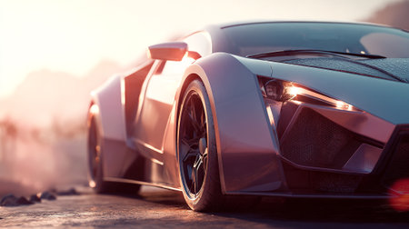 Sleek Futuristic Car Design Gleaming Under Warm Sunrise on Desert Roadの素材