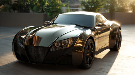 Sleek Black  Car Gleaming in the Sun's Rays, Modern Automotive Designの素材