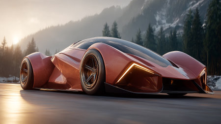 Sleek futuristic  car driving on scenic mountain road with blurred background.の素材