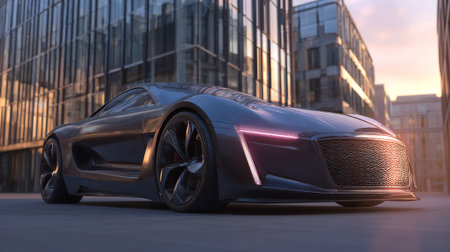 Sleek Futuristic Car Showcased in a Modern Urban Setting at Sunsetの素材