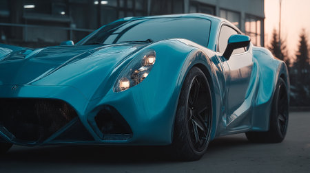 Sleek Teal  Automobile with Powerful Design and Low Angle Perspectiveの素材