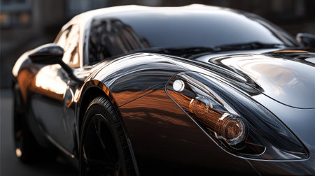 Gleaming Black  Car Headlight Detail With Warm Urban Reflections at Duskの素材