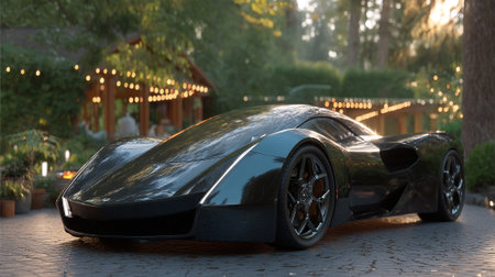 Sleek Black Supercar Elegantly Parked Against a Luxurious Outdoor Event Backdropの素材