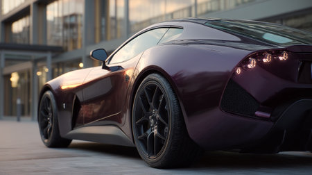 Sleek plum colored  automobile parked near a modern architecture office.の素材