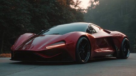 Sleek Red  Car Parked on Asphalt in a Forest Settingの素材