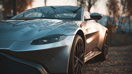 Sleek silver  car showcasing aerodynamic design and luxury craftsmanship in natural lightの素材