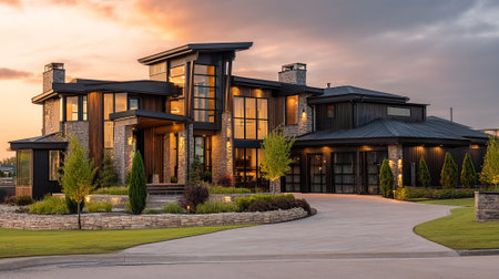 Modern home exterior with architectural design elements at sunsetの素材