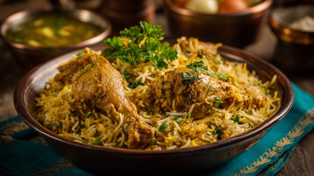 Delicious chicken biryani served in an earthenware bowl garnished with parsleyの素材
