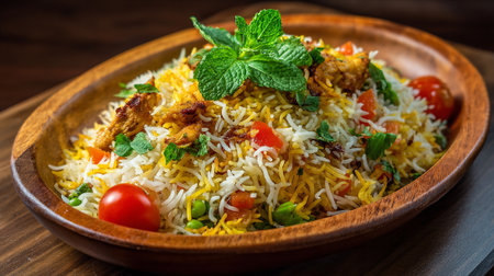 Delicious chicken biryani presented in wooden bowl, garnished with fresh mint leavesの素材