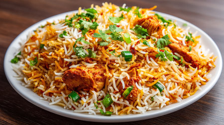 Delicious Chicken Biryani on White Plate with Green Garnish on Wood Tableの素材