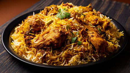 Delicious and aromatic chicken biryani served on a black plate ready to eatの素材