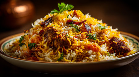 Delicious Chicken Biryani Garnished with Herbs and Spices on a Plateの素材
