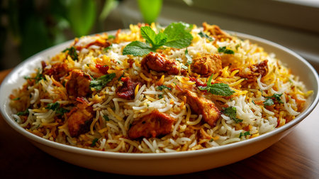 Delicious chicken biryani served in a bowl garnished with fresh mint leavesの素材