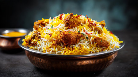 Delicious chicken biryani on a decorative plate against a dark backdrop.の素材