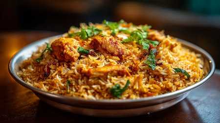 Delicious and Flavorful Chicken Biryani Displayed in a Silver Serving Bowlの素材