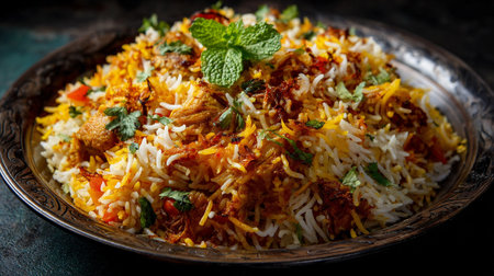 Delicious chicken biryani dish, richly flavored, garnished with fresh mint on silver plate.の素材