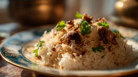 Exquisite Chicken Biryani: A Flavorful Culinary Presentation on Elegant Plateの素材