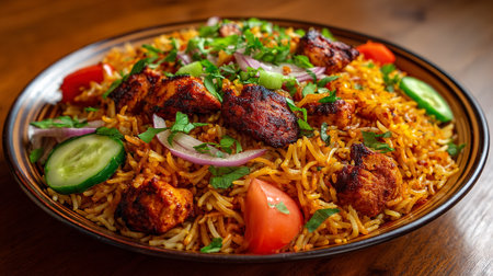 Delicious chicken biryani meal presented artfully on an ornate dark plate.の素材