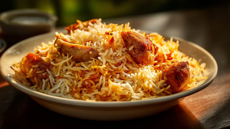 Delicious chicken biryani: a flavorful South Asian rice dish on a plateの素材