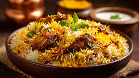 Delicious chicken biryani dish in a traditional brown bowl, perfect presentationの素材