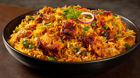 Delicious Chicken Biryani Served in Black Bowl Ready to Enjoyの素材