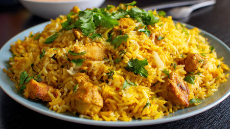 Delectable chicken biryani adorned with fresh coriander on a ceramic plateの素材