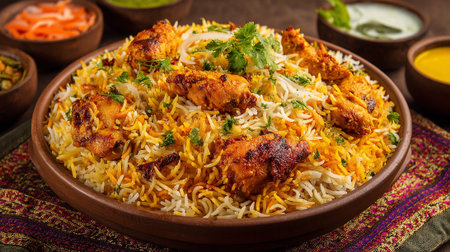 Delicious Chicken Biryani Meal Garnished with Cilantro Sprigs Ready to Eatの素材