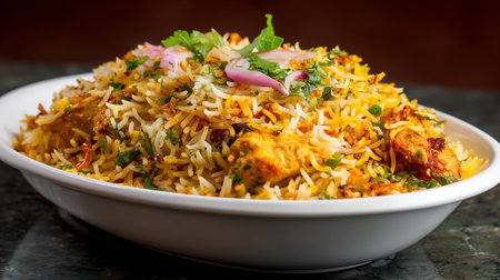 Delicious Chicken Biryani Served in a White Bowl, Garnished with Cilantroの素材