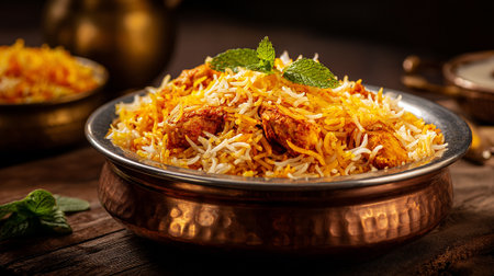 Authentic Chicken Biryani in Copper Bowl Garnished with Mint Leaves Presentationの素材