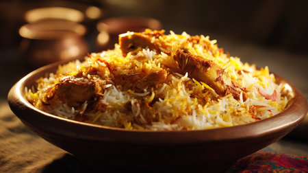 Aromatic Chicken Biryani: Delicious Traditional Dish in a Rustic Bowl Ready to Serveの素材