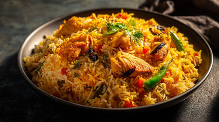 A delicious bowl of chicken biryani, a vibrant and flavorful Indian dishの素材