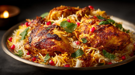 Delicious Chicken Biryani Dish Served on Plate, Garnished with Mint and Pomegranateの素材