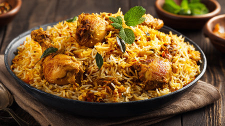 Delicious Chicken Biryani Served in a Black Bowl on Wooden Tableの素材