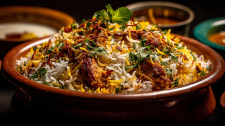 Aromatic Chicken Biryani: A flavorful Indian dish served in a traditional pot.の素材