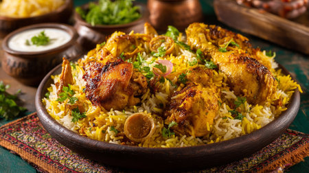 Delicious chicken biryani served in a wooden bowl on decorative fabricの素材
