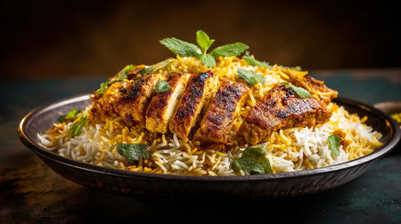 Delicious Chicken Biryani Displayed on Dark Plate, Aromatic Indian Cuisineの素材