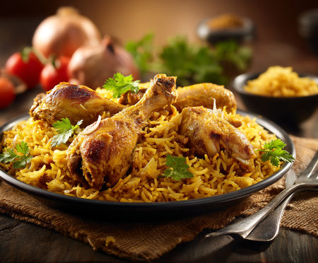Delicious and Flavorful Chicken Biryani Plated with Tomatoes and Onions Backgroundの素材