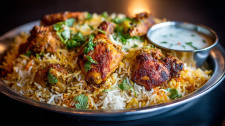 Delicious Chicken Biryani Served with Raita on a Silver Platterの素材