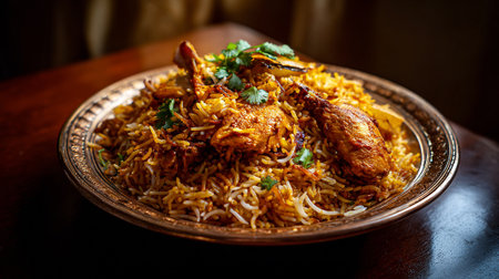 Delicious chicken biryani on a golden plate, garnished with fresh cilantro leaves.の素材