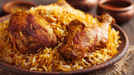 Delicious Chicken Biryani Ready to Eat on Rustic Plate Surfaceの素材