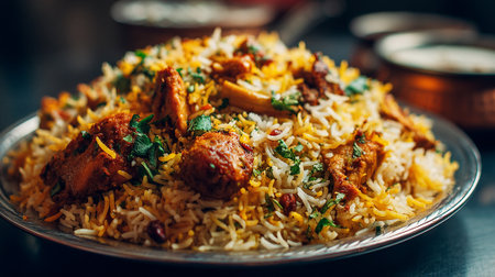 Delectable Chicken Biryani on a Silver Platter, Garnished with Fresh Cilantroの素材