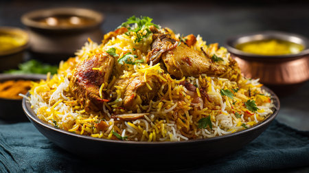 Delicious Chicken Biryani Dish Served in a Dark Bowl Ready to Eatの素材