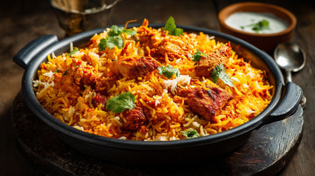 Delicious Chicken Biryani Displayed in an Attractive Dark Bowl for Servingの素材