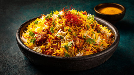 Delicious and Vibrant Chicken Biryani Served in a Dark Textured Bowlの素材