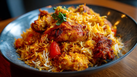 Delicious chicken biryani served elegantly on a dark plate with herbsの素材
