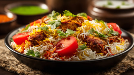 Delectable Chicken Biryani: Aromatic Basmati Rice, Spices, and Garnished with Freshnessの素材