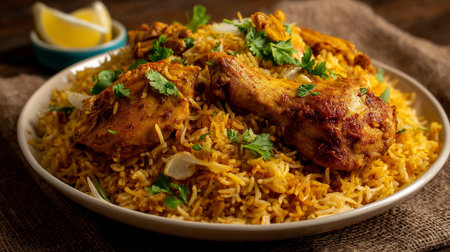 Delicious Chicken Biryani Platter: Aromatic Rice, Spices, and Tender Chickenの素材