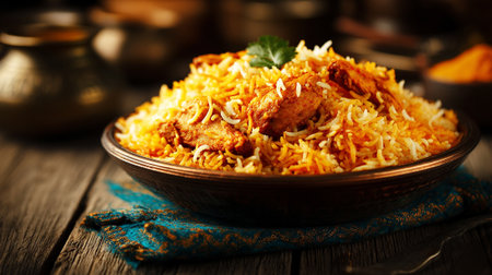 Delicious and Flavorful Chicken Biryani Served in a Traditional Bowl Settingの素材