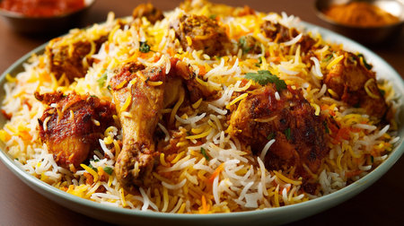 Delicious and Flavorful Chicken Biryani Served Fresh on a White Plateの素材
