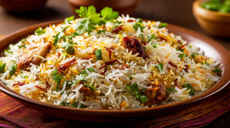 Delicious Chicken Biryani Served in a Traditional Clay Dish, Garnished Beautifullyの素材